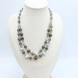 Tiger Eye Stone & Crystal Beaded Double-Strand Necklace Silver Filigree Accents